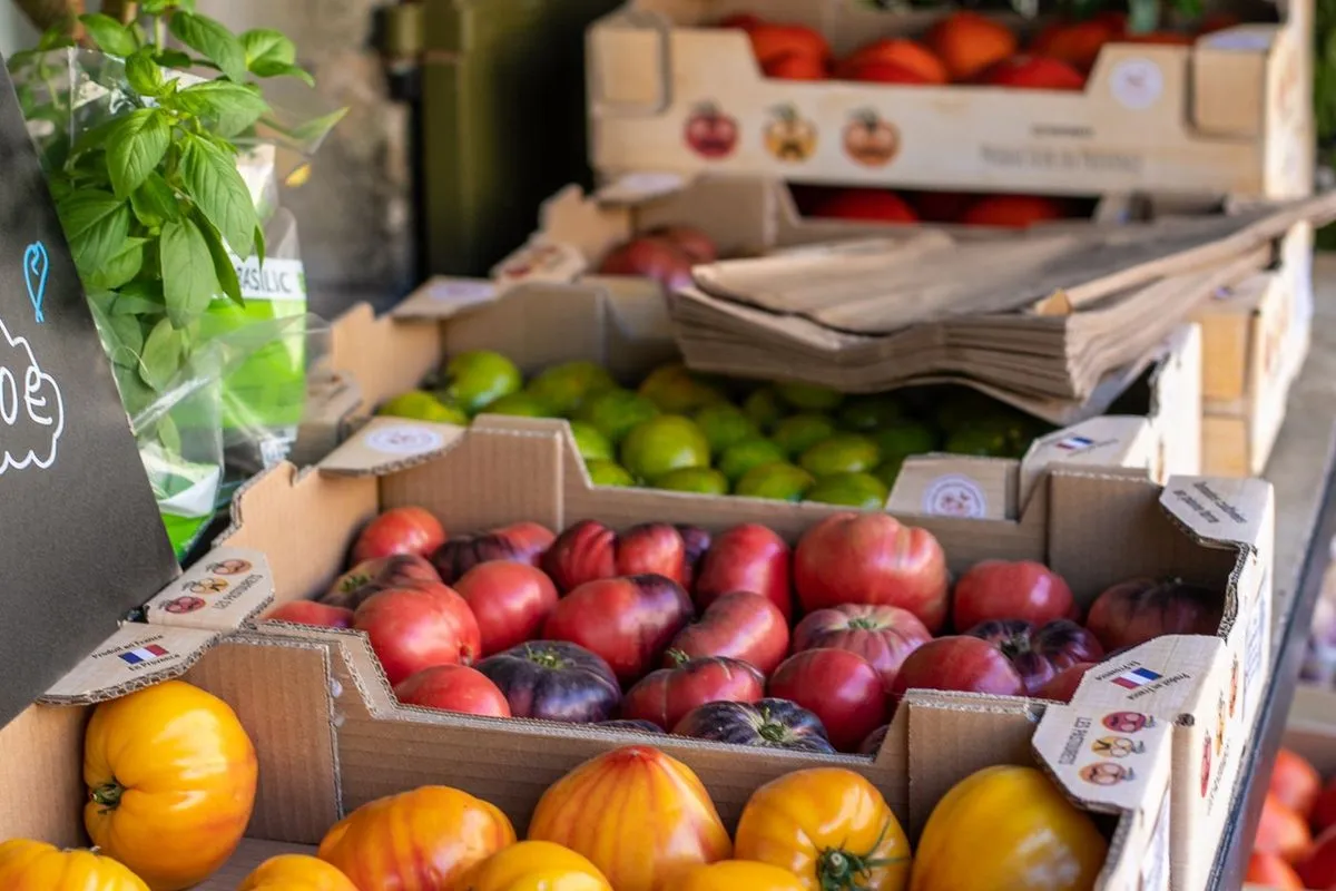 Étal de tomates et légumes colorés sur un marché de Provence